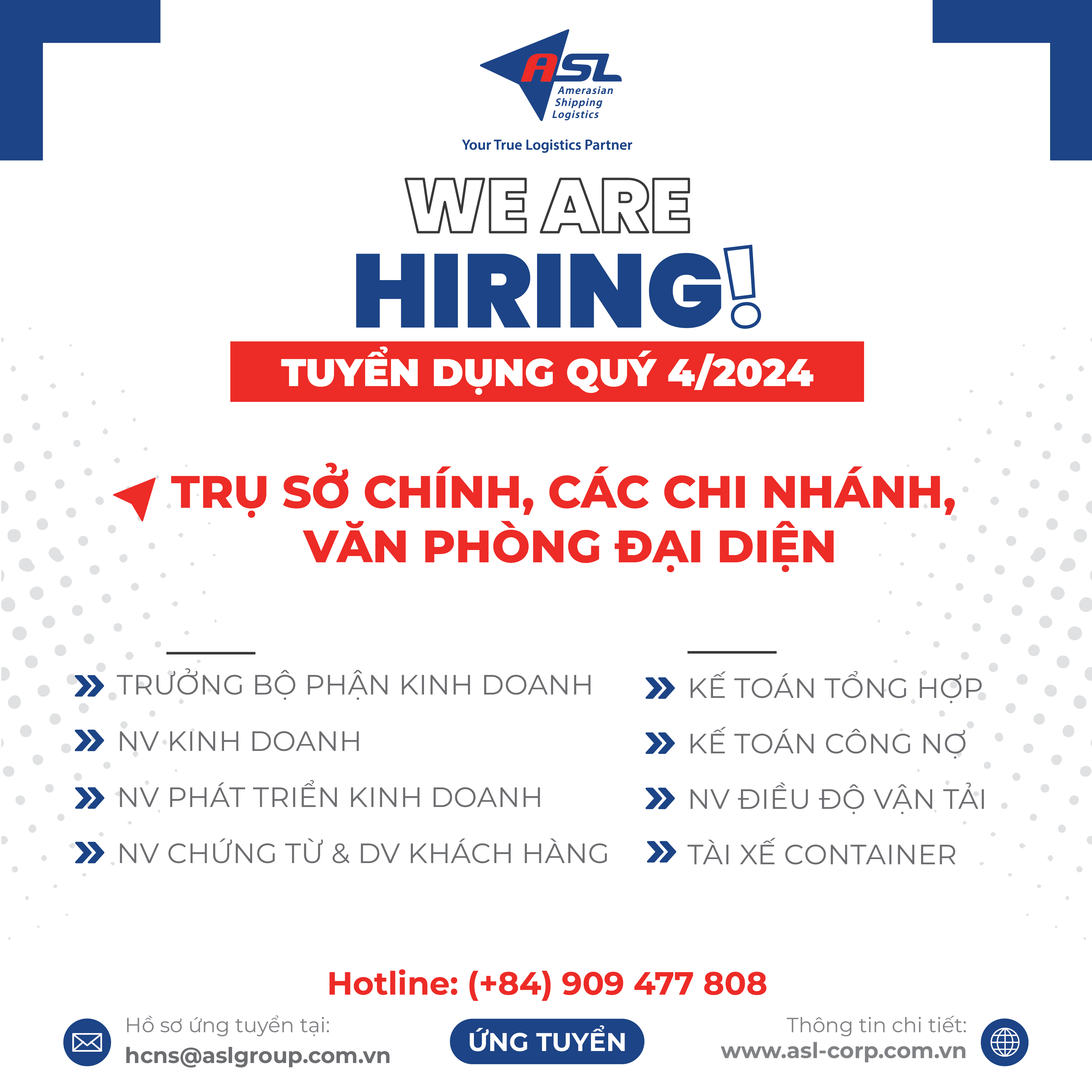 ASL LOGISTICS THÔNG BÁO TUYỂN DỤNG QUÝ 04 - 2024